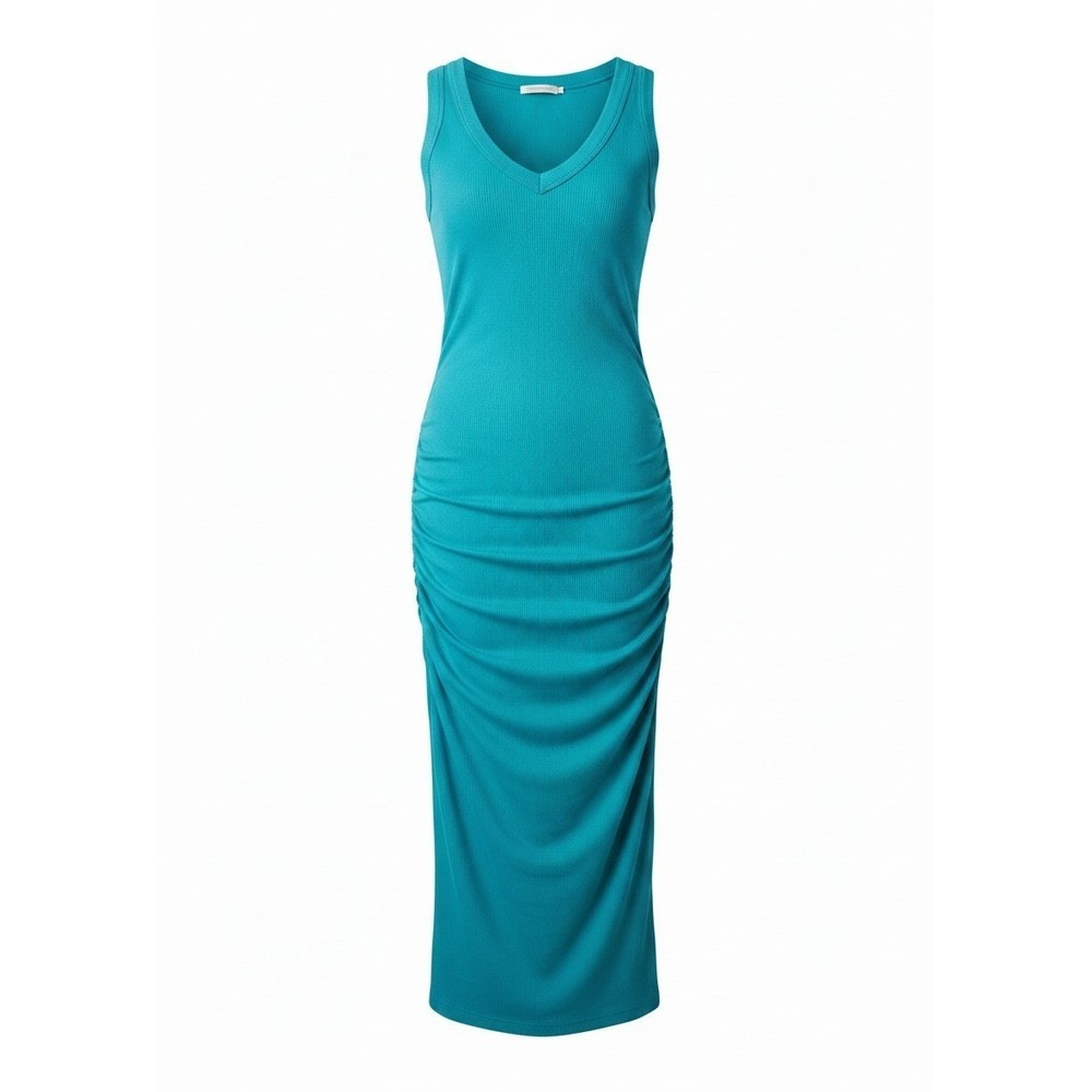 MICHAEL STARS Teal Ribbed Ruched V-Neck Sleeveless Maxi Dress Large USA $108 - Picture 2 of 7